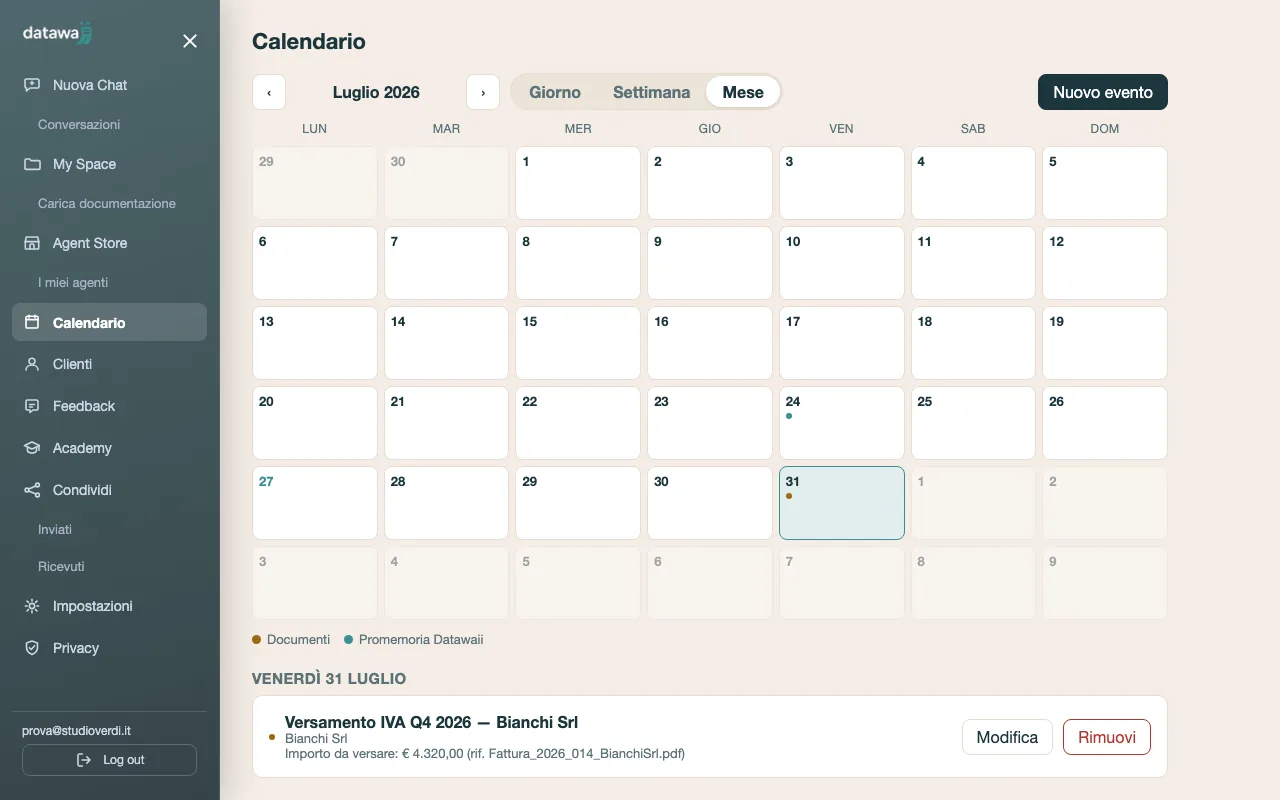Calendario Datawaii con scadenza estratta automaticamente da un documento
