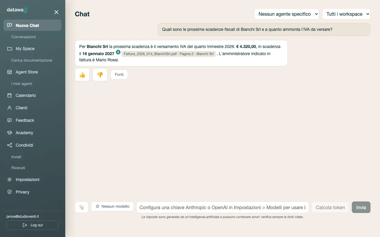 Chat Datawaii con citazioni verificate e anteprima documento